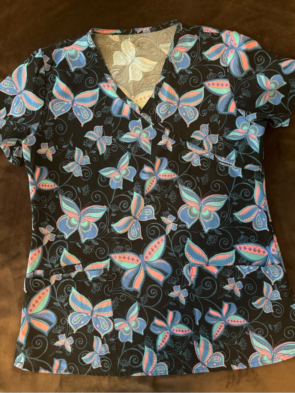 Butterfly Print V-Neck Scrub Top - Black with Blue & Pink